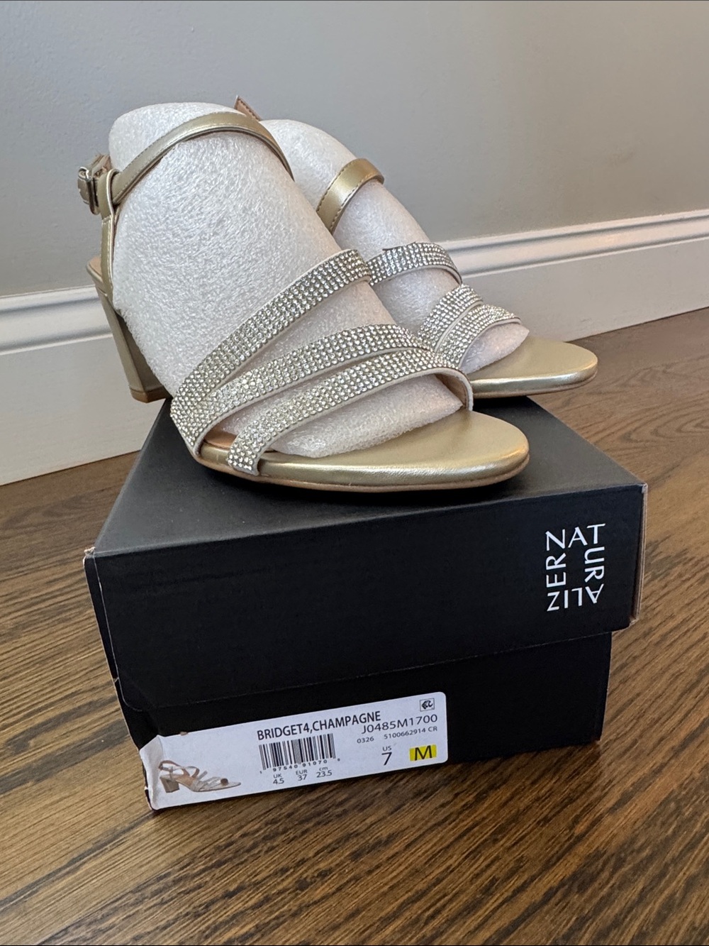 Naturalizer Champagne Strappy Block Heel Sandals with Rhinestones